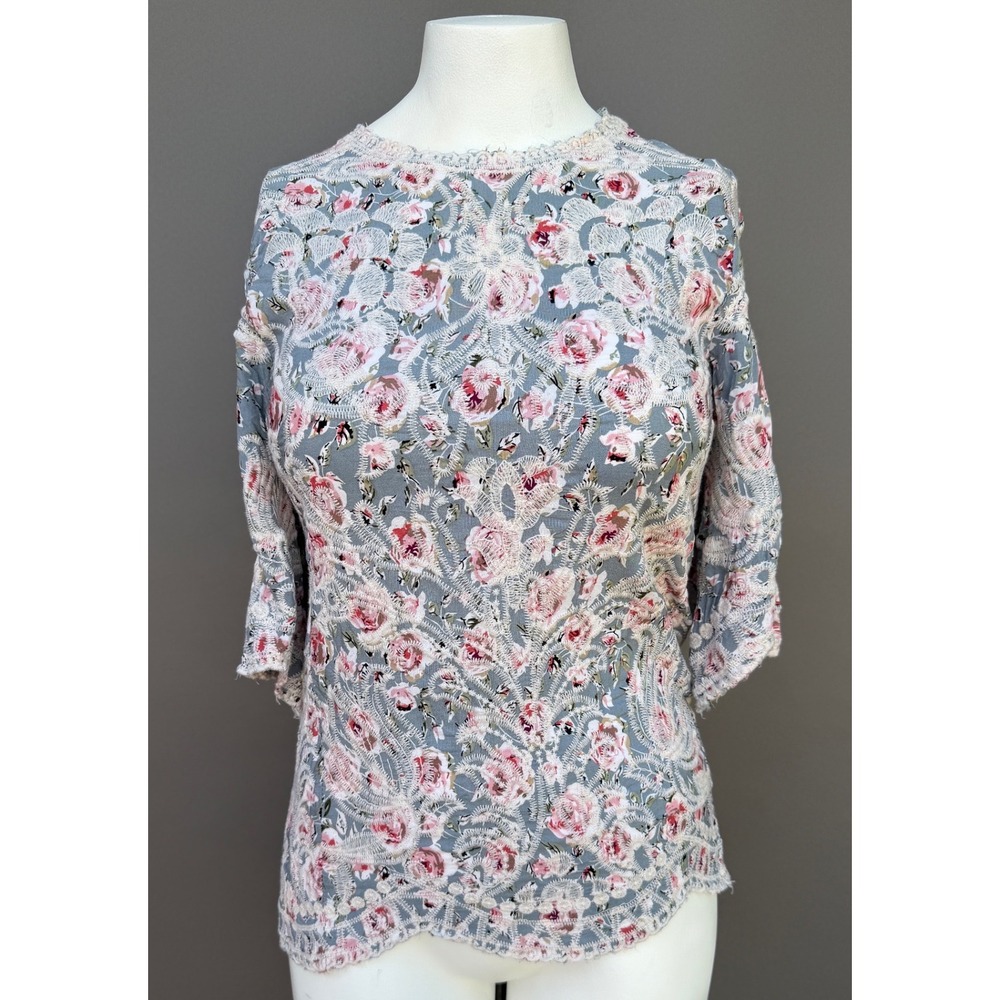 Solitaire Floral Lace Top Small Blue Pink Rose Bell Sleeve Cottagecore Romantic
